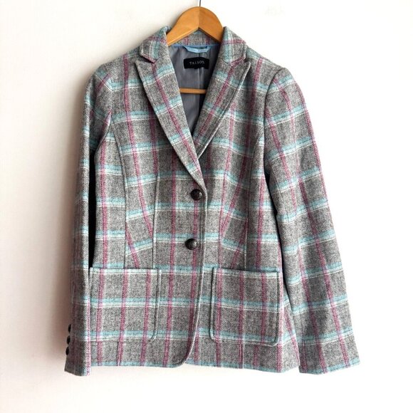 Talbots Grey Blue Plaid Wool Blend Classic Blazer 2 - Picture 1 of 9